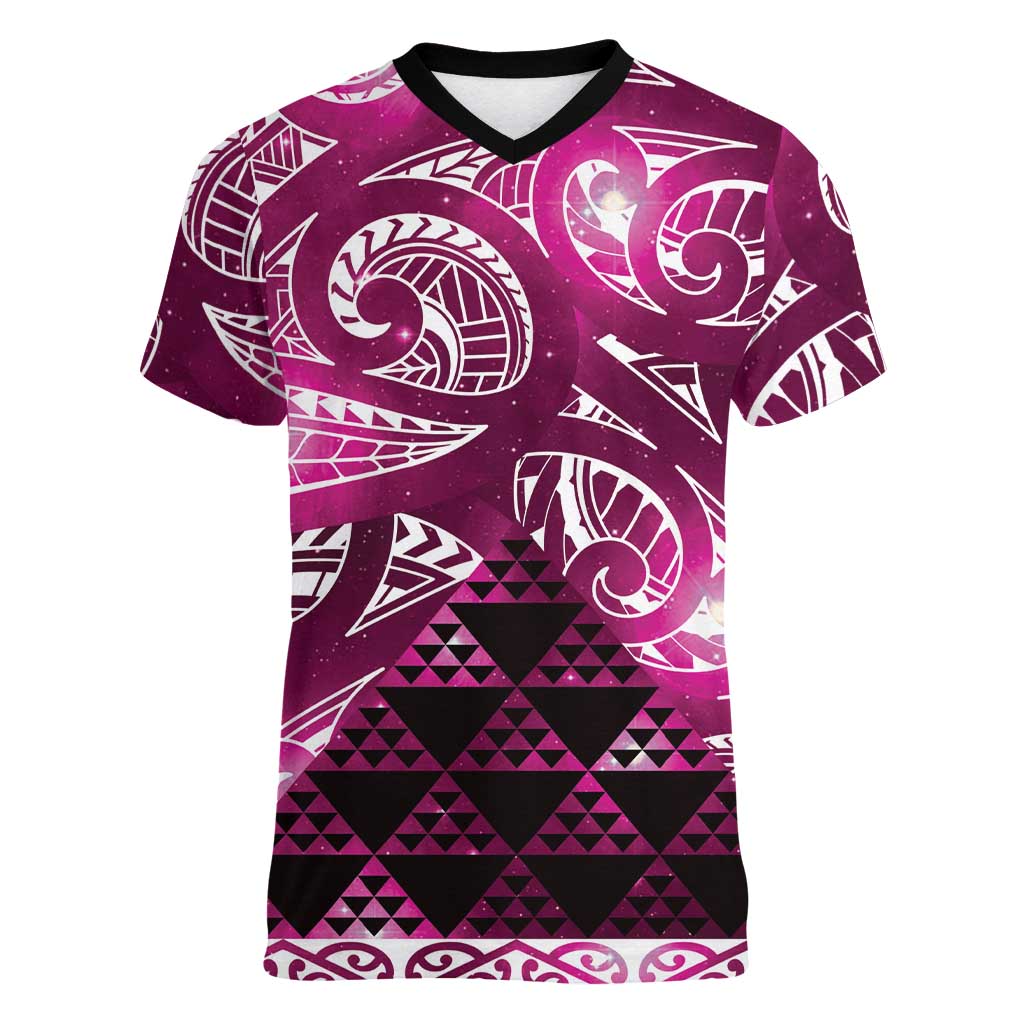 Matariki New Zealand Women V-Neck T-Shirt NZ Niho Taniwha Maori New Year Pink Galaxy LT14 Female Pink - Polynesian Pride