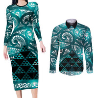 Matariki New Zealand Couples Matching Long Sleeve Bodycon Dress and Long Sleeve Button Shirt NZ Niho Taniwha Maori New Year Cyan Galaxy LT14 Cyan - Polynesian Pride
