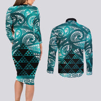 Matariki New Zealand Couples Matching Long Sleeve Bodycon Dress and Long Sleeve Button Shirt NZ Niho Taniwha Maori New Year Cyan Galaxy LT14 - Polynesian Pride
