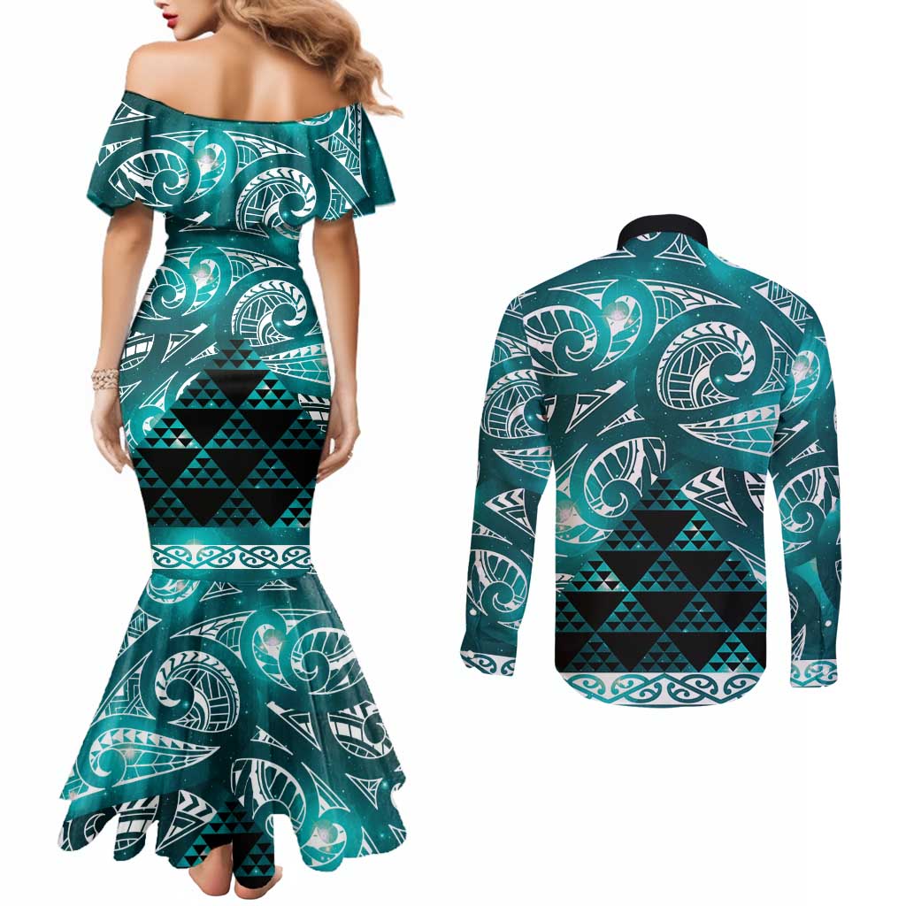 Matariki New Zealand Couples Matching Mermaid Dress and Long Sleeve Button Shirt NZ Niho Taniwha Maori New Year Cyan Galaxy LT14 - Polynesian Pride