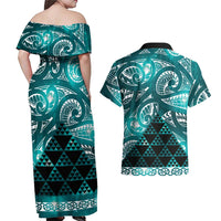 Matariki New Zealand Couples Matching Off Shoulder Maxi Dress and Hawaiian Shirt NZ Niho Taniwha Maori New Year Cyan Galaxy LT14 - Polynesian Pride