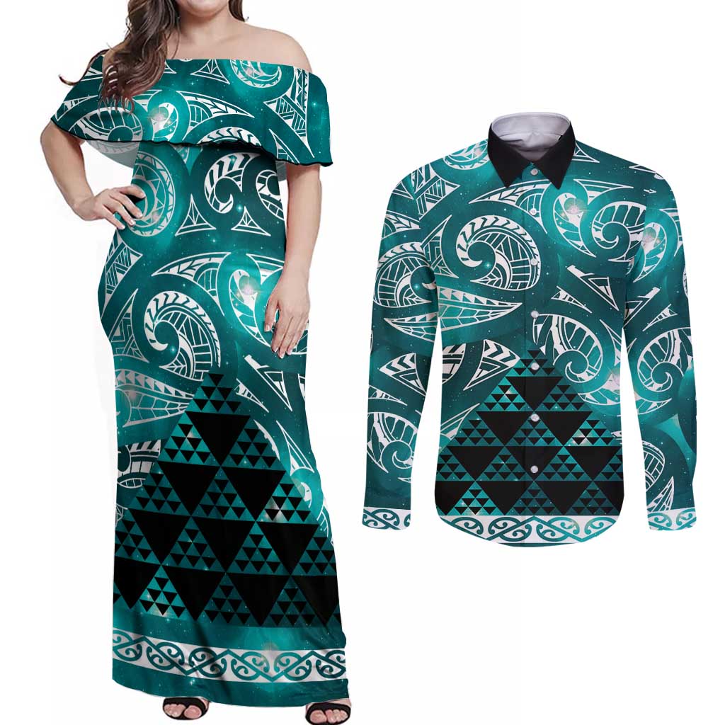 Matariki New Zealand Couples Matching Off Shoulder Maxi Dress and Long Sleeve Button Shirt NZ Niho Taniwha Maori New Year Cyan Galaxy LT14 Cyan - Polynesian Pride