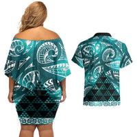 Matariki New Zealand Couples Matching Off Shoulder Short Dress and Hawaiian Shirt NZ Niho Taniwha Maori New Year Cyan Galaxy LT14 - Polynesian Pride