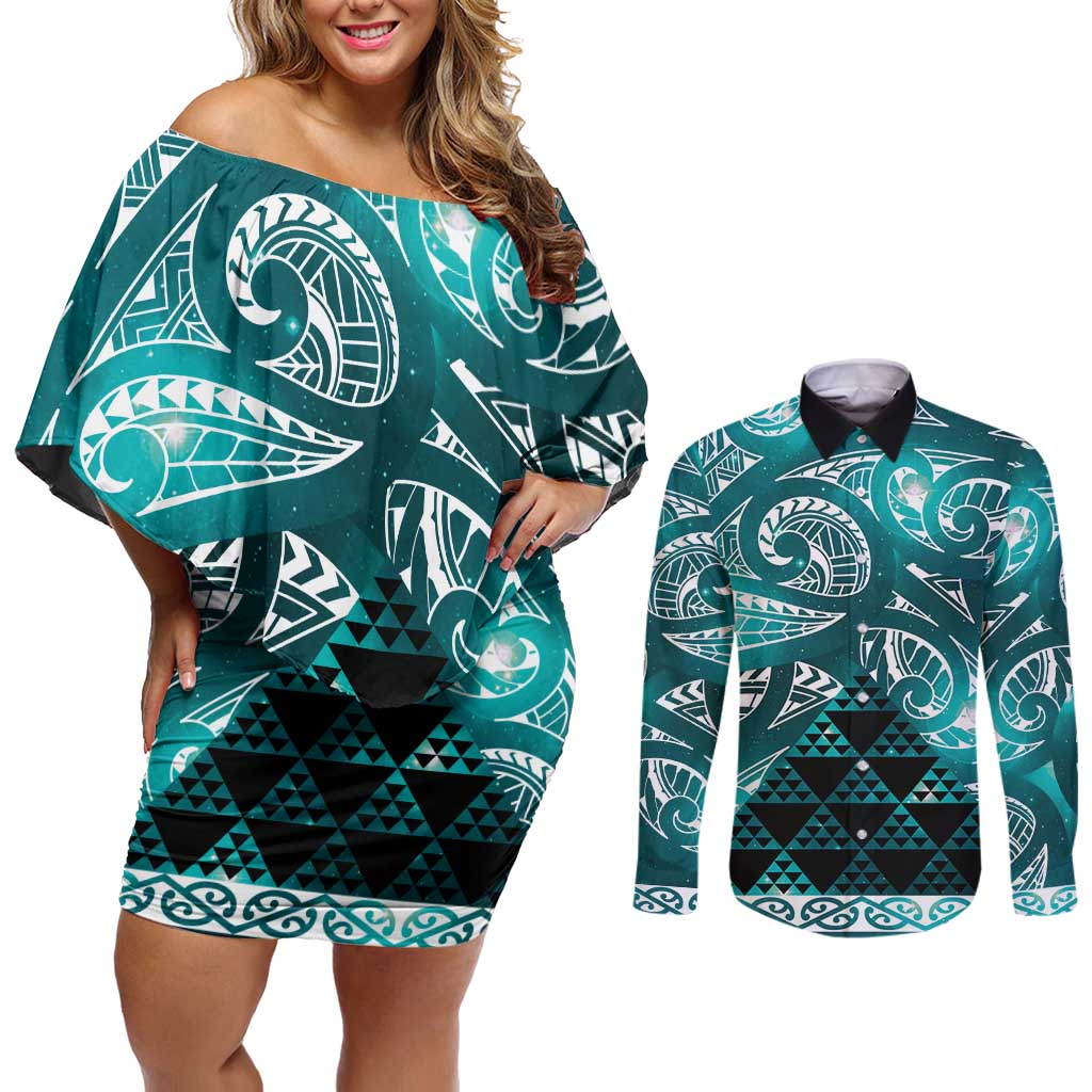 Matariki New Zealand Couples Matching Off Shoulder Short Dress and Long Sleeve Button Shirt NZ Niho Taniwha Maori New Year Cyan Galaxy