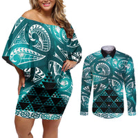 Matariki New Zealand Couples Matching Off Shoulder Short Dress and Long Sleeve Button Shirt NZ Niho Taniwha Maori New Year Cyan Galaxy LT14 Cyan - Polynesian Pride
