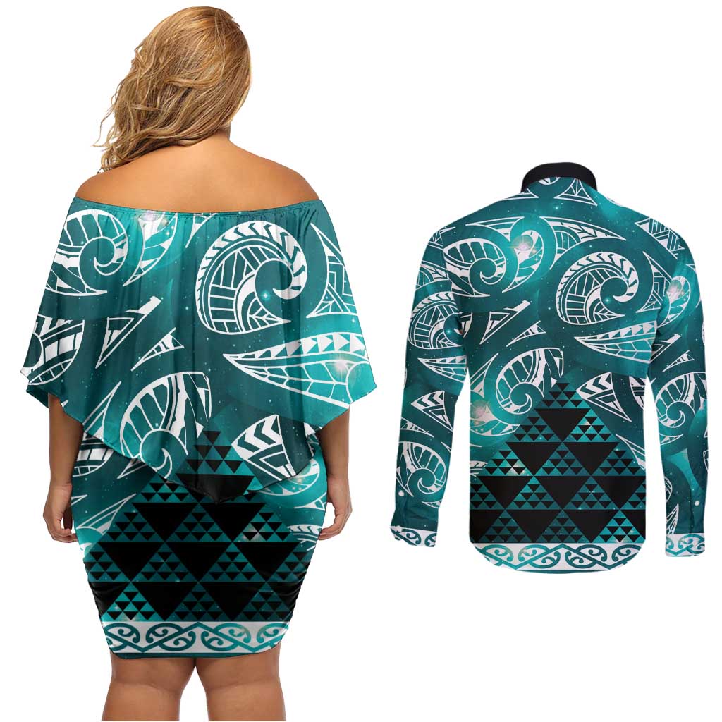 Matariki New Zealand Couples Matching Off Shoulder Short Dress and Long Sleeve Button Shirt NZ Niho Taniwha Maori New Year Cyan Galaxy LT14 - Polynesian Pride