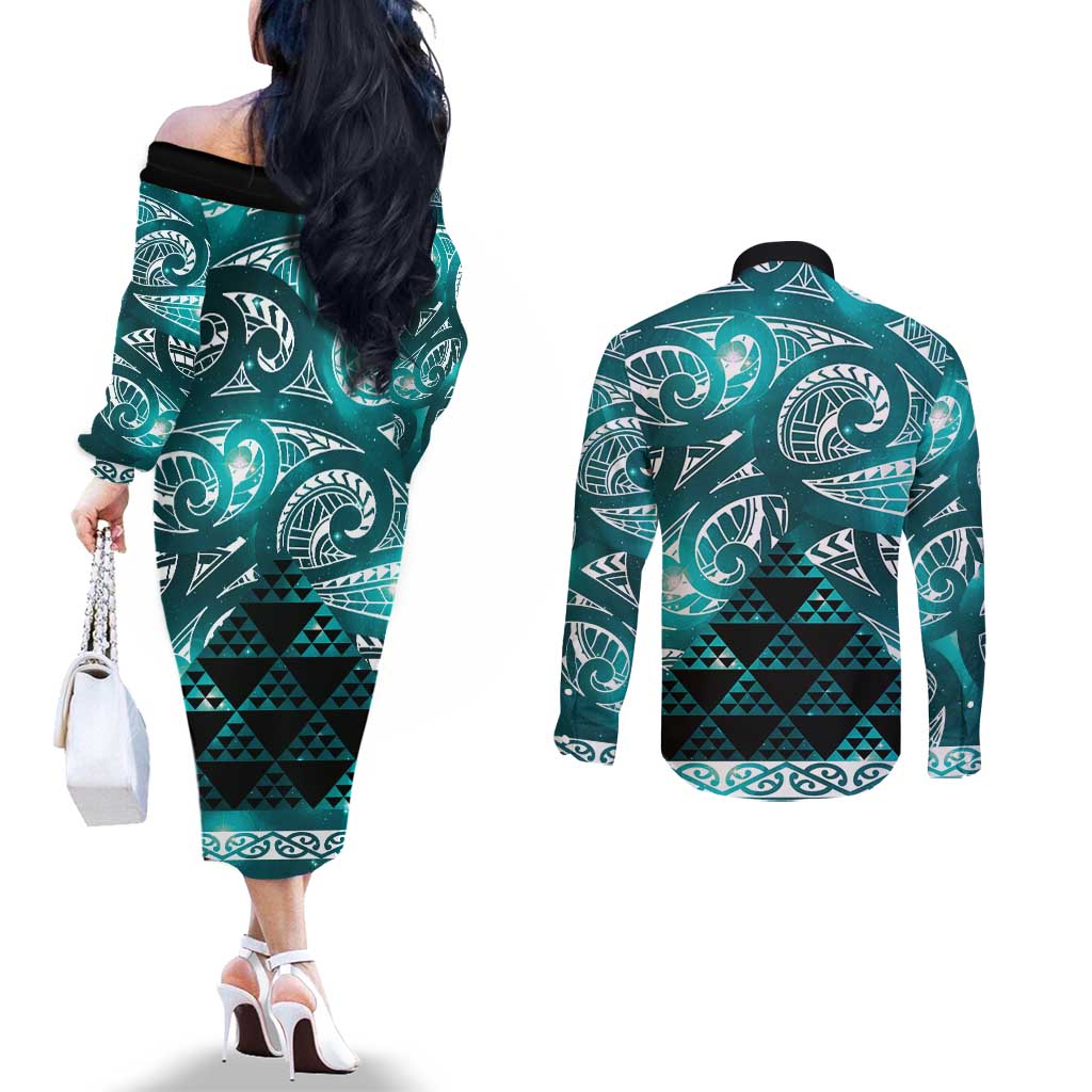 Matariki New Zealand Couples Matching Off The Shoulder Long Sleeve Dress and Long Sleeve Button Shirt NZ Niho Taniwha Maori New Year Cyan Galaxy LT14 - Polynesian Pride