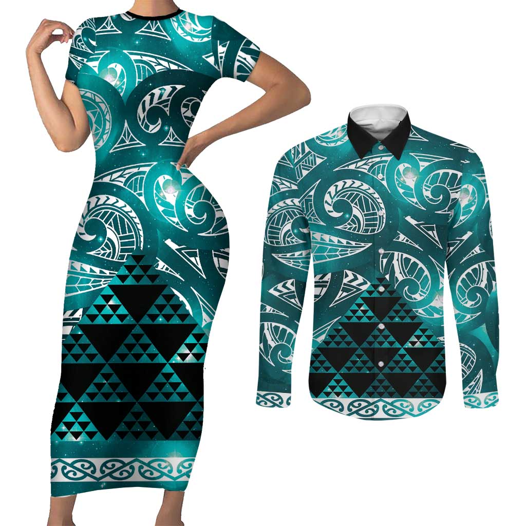 Matariki New Zealand Couples Matching Short Sleeve Bodycon Dress and Long Sleeve Button Shirt NZ Niho Taniwha Maori New Year Cyan Galaxy LT14 Cyan - Polynesian Pride