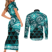 Matariki New Zealand Couples Matching Short Sleeve Bodycon Dress and Long Sleeve Button Shirt NZ Niho Taniwha Maori New Year Cyan Galaxy LT14 - Polynesian Pride