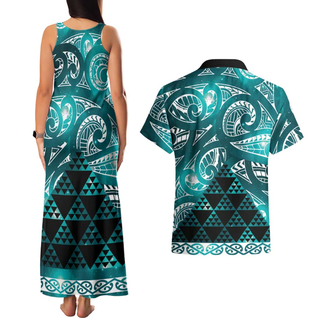 Matariki New Zealand Couples Matching Tank Maxi Dress and Hawaiian Shirt NZ Niho Taniwha Maori New Year Cyan Galaxy LT14 - Polynesian Pride