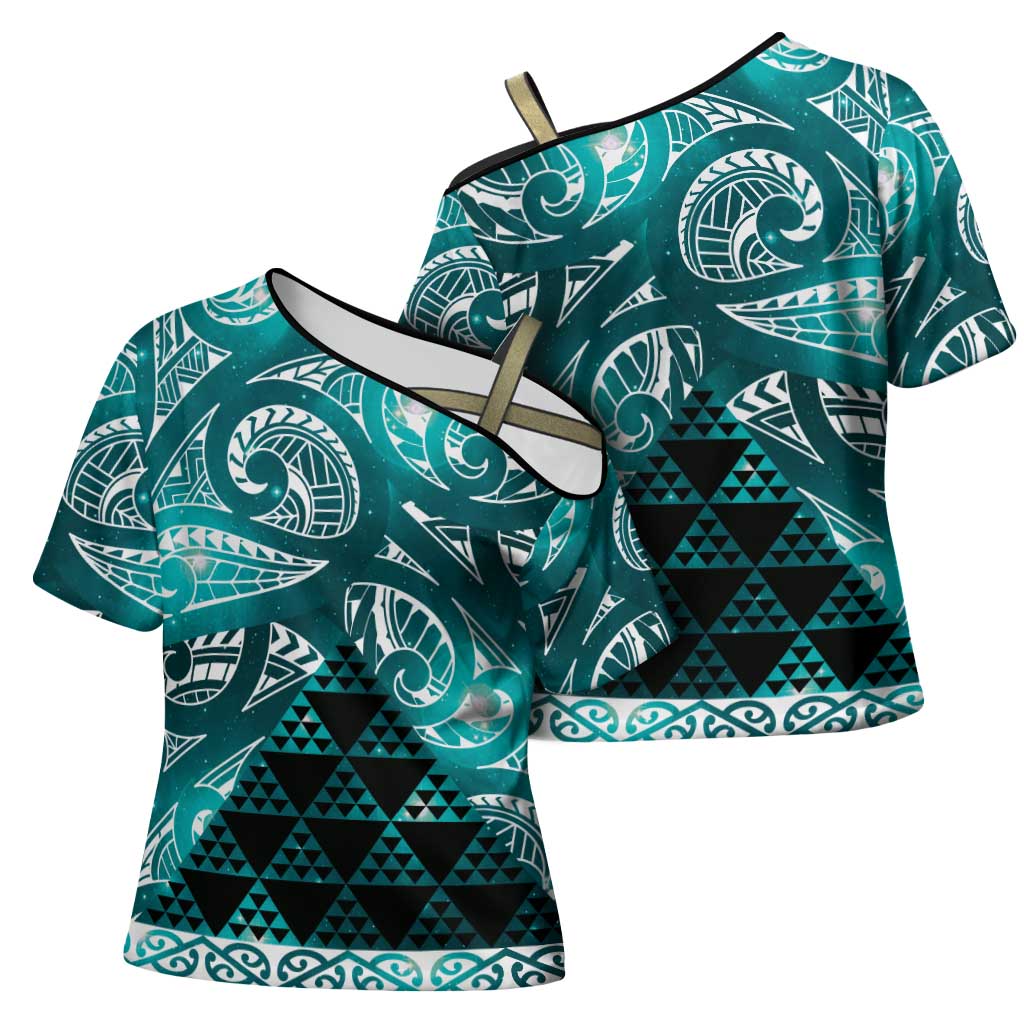 Matariki New Zealand Cross Shoulder Shirt NZ Niho Taniwha Maori New Year Cyan Galaxy
