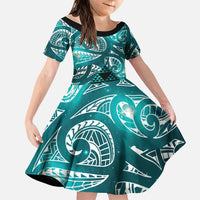 Matariki New Zealand Family Matching Long Sleeve Bodycon Dress and Hawaiian Shirt NZ Niho Taniwha Maori New Year Cyan Galaxy LT14 Daughter's Dress Cyan - Polynesian Pride