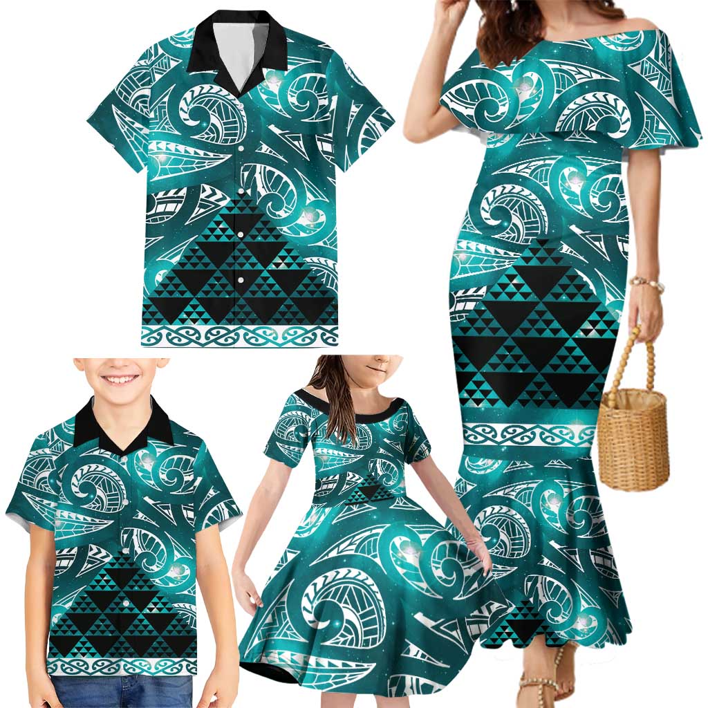 Matariki New Zealand Family Matching Mermaid Dress and Hawaiian Shirt NZ Niho Taniwha Maori New Year Cyan Galaxy LT14 - Polynesian Pride