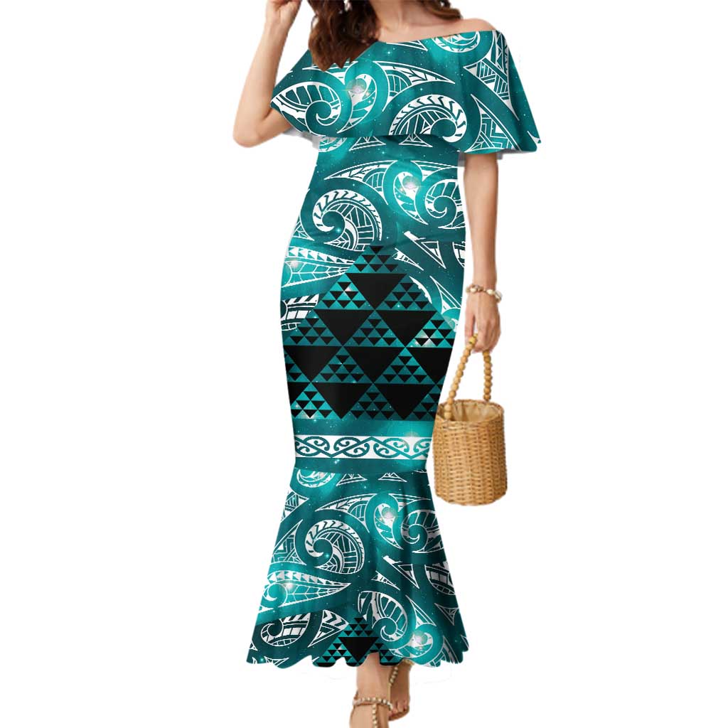 Matariki New Zealand Family Matching Mermaid Dress and Hawaiian Shirt NZ Niho Taniwha Maori New Year Cyan Galaxy LT14 Mom's Dress Cyan - Polynesian Pride