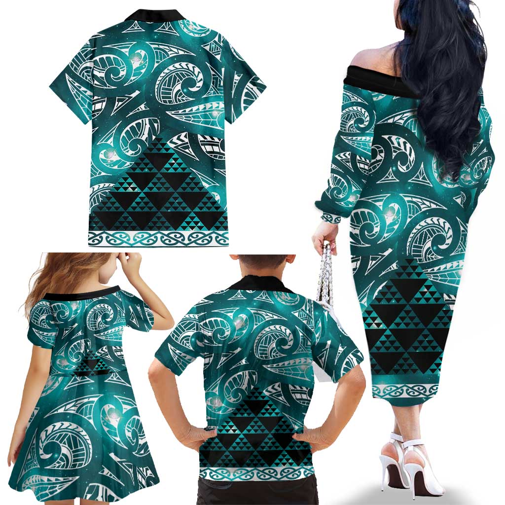 Matariki New Zealand Family Matching Off The Shoulder Long Sleeve Dress and Hawaiian Shirt NZ Niho Taniwha Maori New Year Cyan Galaxy LT14 - Polynesian Pride