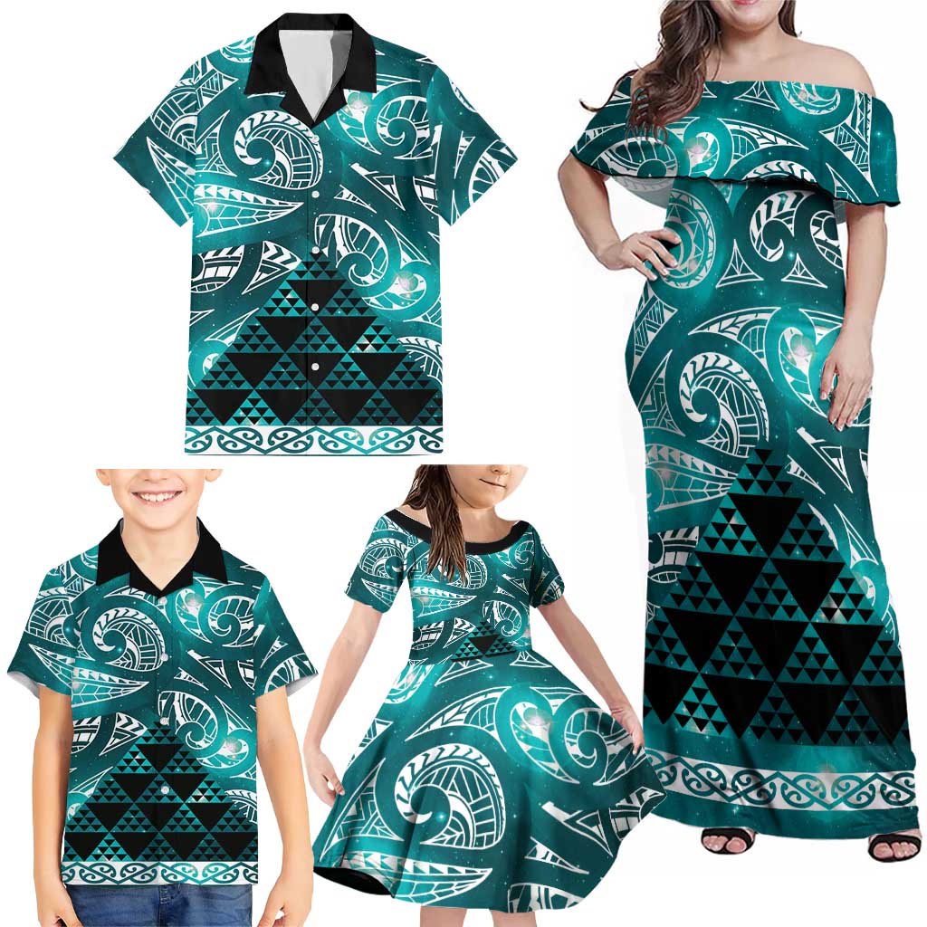 Matariki New Zealand Family Matching Off Shoulder Maxi Dress and Hawaiian Shirt NZ Niho Taniwha Maori New Year Cyan Galaxy LT14 - Polynesian Pride