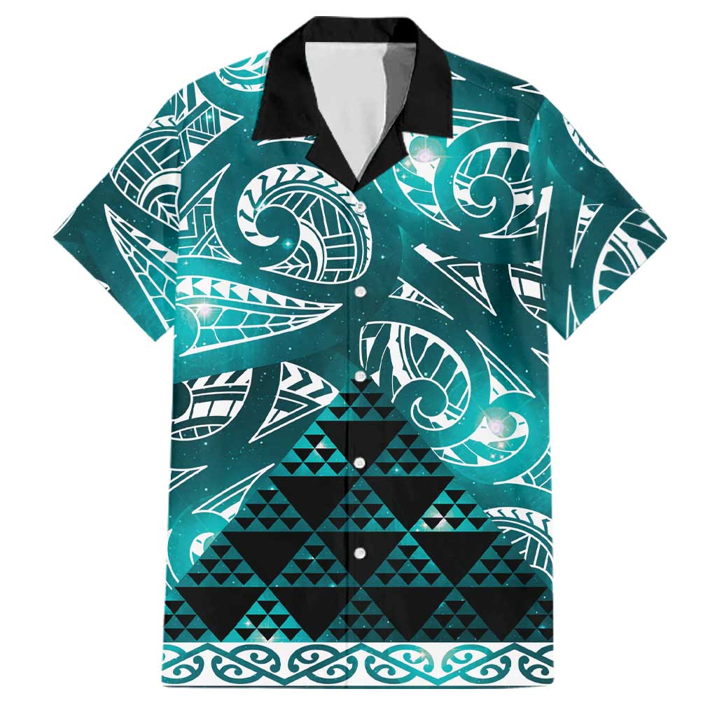 Matariki New Zealand Family Matching Off Shoulder Maxi Dress and Hawaiian Shirt NZ Niho Taniwha Maori New Year Cyan Galaxy LT14 Dad's Shirt - Short Sleeve Cyan - Polynesian Pride