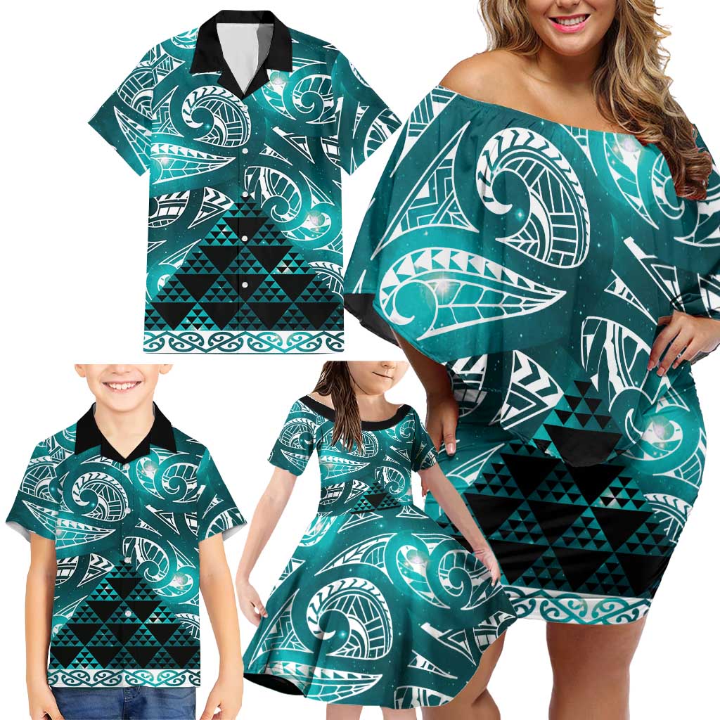 Matariki New Zealand Family Matching Off Shoulder Short Dress and Hawaiian Shirt NZ Niho Taniwha Maori New Year Cyan Galaxy LT14 - Polynesian Pride