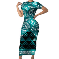Matariki New Zealand Family Matching Short Sleeve Bodycon Dress and Hawaiian Shirt NZ Niho Taniwha Maori New Year Cyan Galaxy LT14 Mom's Dress Cyan - Polynesian Pride