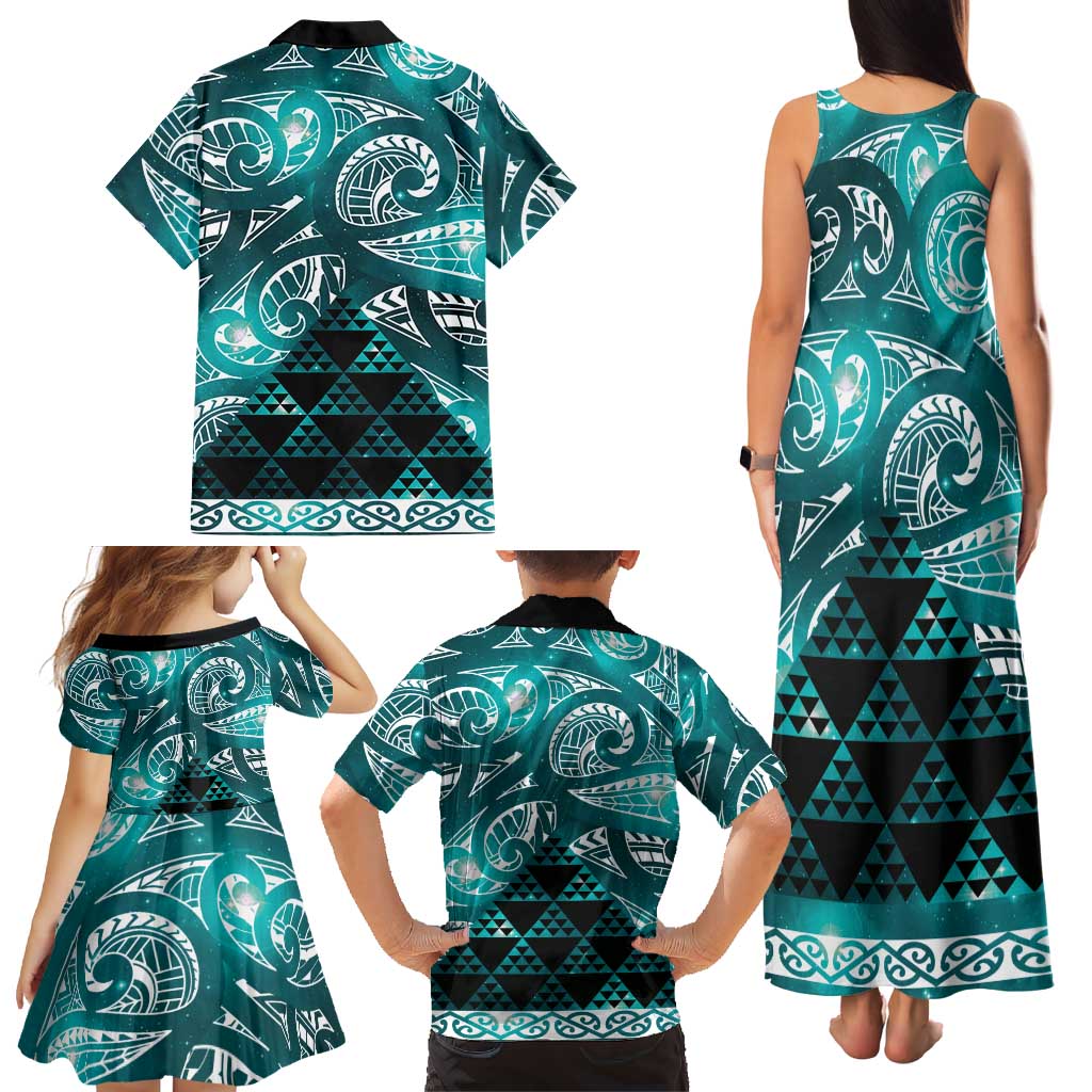 Matariki New Zealand Family Matching Tank Maxi Dress and Hawaiian Shirt NZ Niho Taniwha Maori New Year Cyan Galaxy LT14 - Polynesian Pride