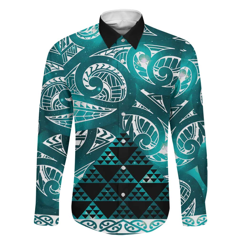 Matariki New Zealand Family Matching Tank Maxi Dress and Hawaiian Shirt NZ Niho Taniwha Maori New Year Cyan Galaxy LT14 Dad's Shirt - Long Sleeve Cyan - Polynesian Pride