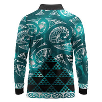 Matariki New Zealand Long Sleeve Polo Shirt NZ Niho Taniwha Maori New Year Cyan Galaxy