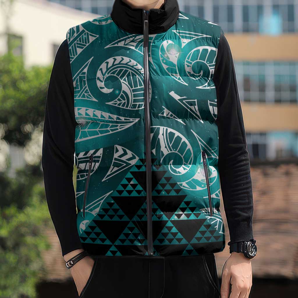 Matariki New Zealand Sleeveless Puffer Jacket NZ Niho Taniwha Maori New Year Cyan Galaxy