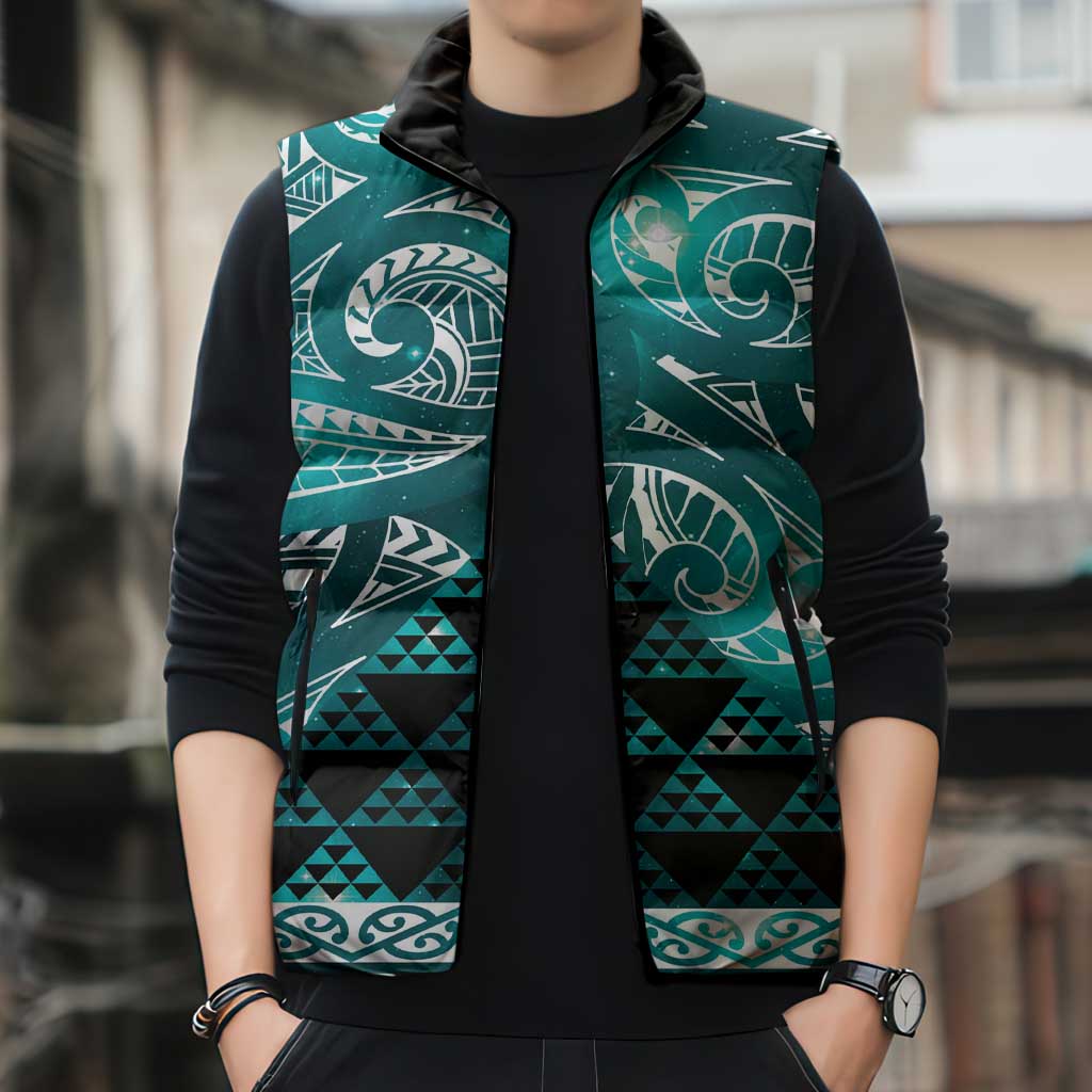 Matariki New Zealand Sleeveless Puffer Jacket NZ Niho Taniwha Maori New Year Cyan Galaxy