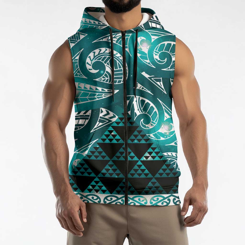 Matariki New Zealand Sleeveless Zip Hoodie NZ Niho Taniwha Maori New Year Cyan Galaxy