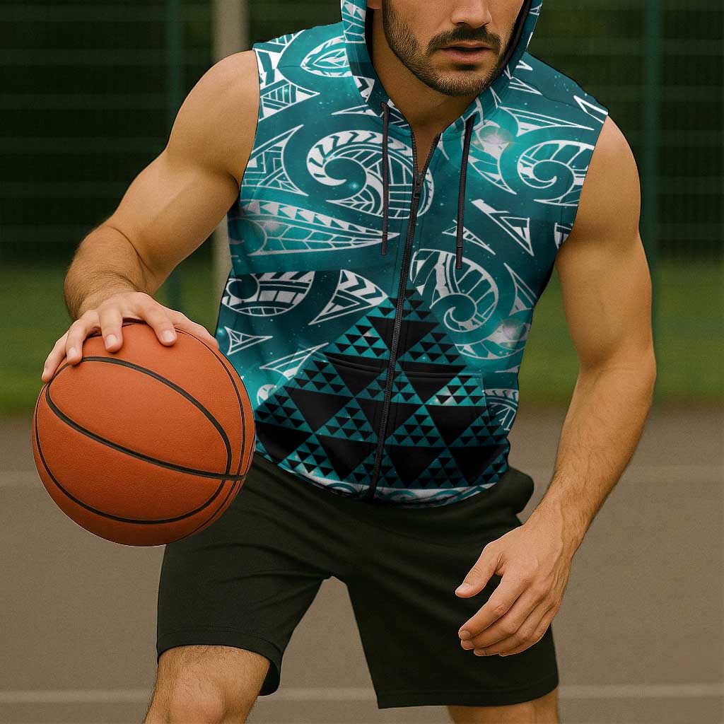 Matariki New Zealand Sleeveless Zip Hoodie NZ Niho Taniwha Maori New Year Cyan Galaxy