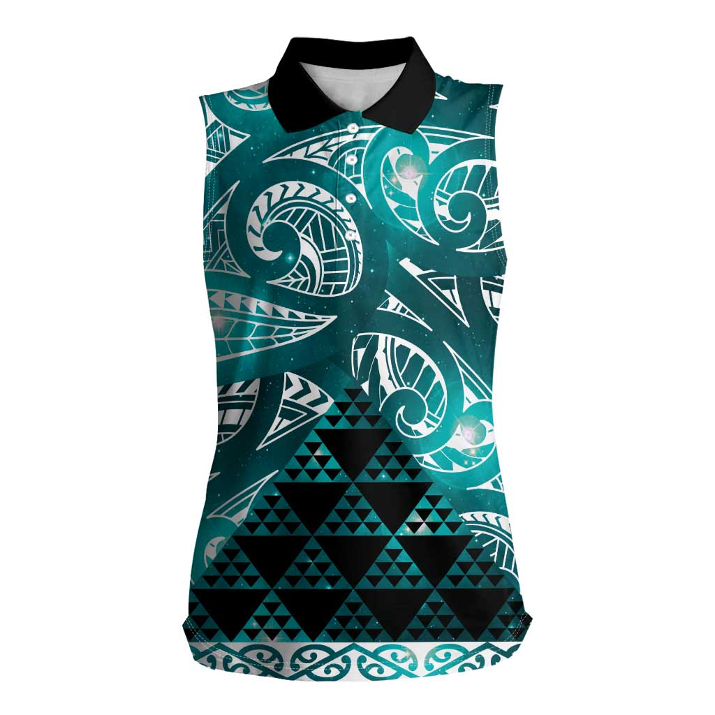 Matariki New Zealand Women Sleeveless Polo Shirt NZ Niho Taniwha Maori New Year Cyan Galaxy LT14 Female Cyan - Polynesian Pride