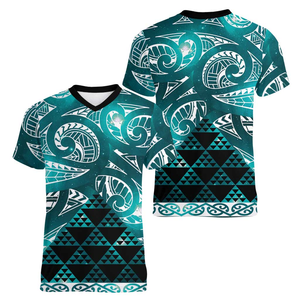 Matariki New Zealand Women V-Neck T-Shirt NZ Niho Taniwha Maori New Year Cyan Galaxy LT14 - Polynesian Pride