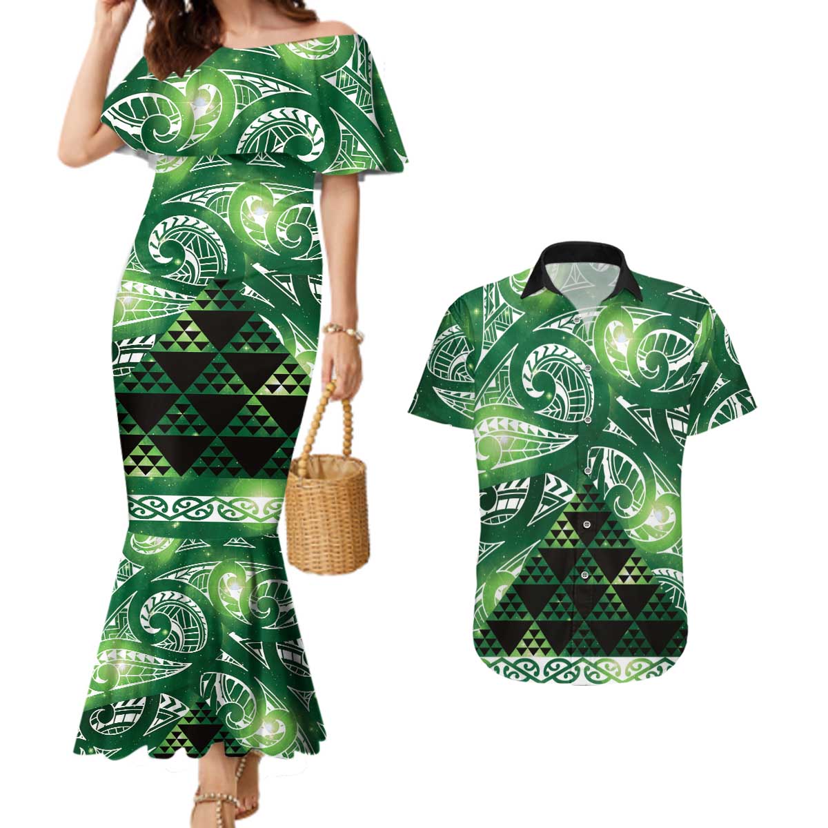 Matariki New Zealand Couples Matching Mermaid Dress and Hawaiian Shirt NZ Niho Taniwha Maori New Year Green Galaxy LT14 Green - Polynesian Pride