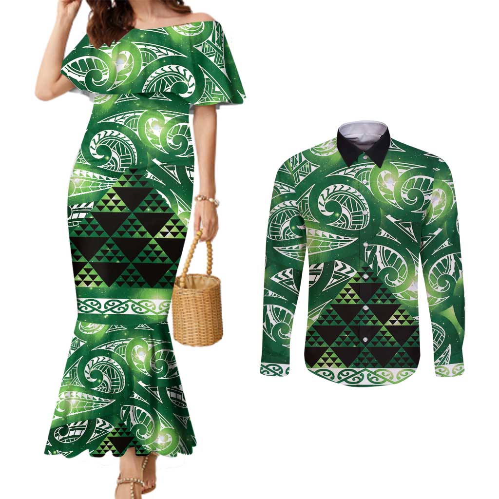 Matariki New Zealand Couples Matching Mermaid Dress and Long Sleeve Button Shirt NZ Niho Taniwha Maori New Year Green Galaxy LT14 Green - Polynesian Pride