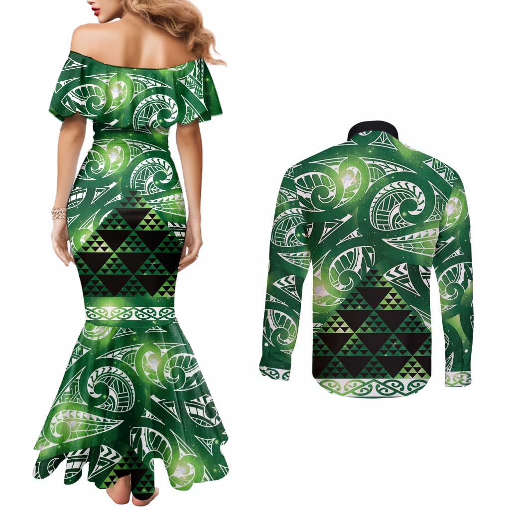 Matariki New Zealand Couples Matching Mermaid Dress and Long Sleeve Button Shirt NZ Niho Taniwha Maori New Year Green Galaxy LT14 - Polynesian Pride