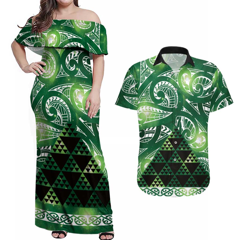 Matariki New Zealand Couples Matching Off Shoulder Maxi Dress and Hawaiian Shirt NZ Niho Taniwha Maori New Year Green Galaxy LT14 Green - Polynesian Pride