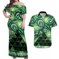 Matariki New Zealand Couples Matching Off Shoulder Maxi Dress and Hawaiian Shirt NZ Niho Taniwha Maori New Year Green Galaxy LT14 Green - Polynesian Pride