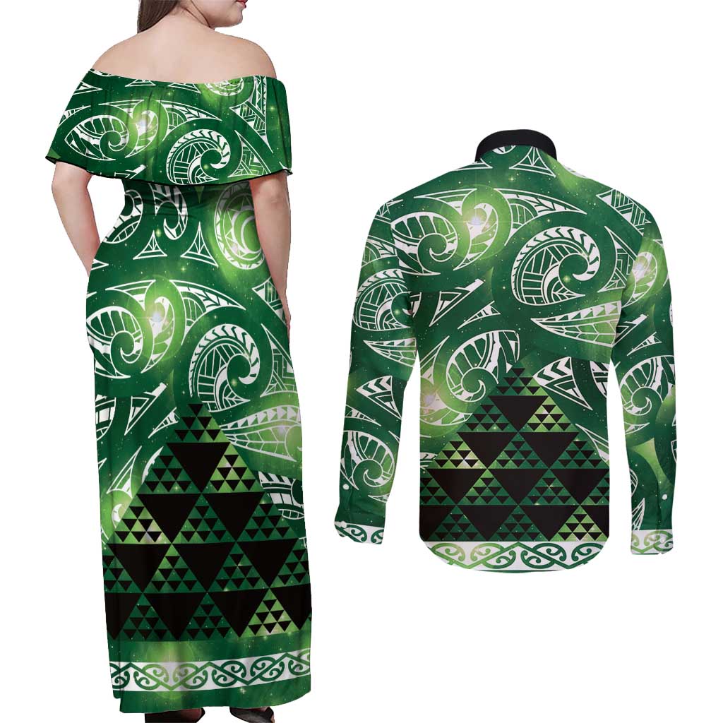 Matariki New Zealand Couples Matching Off Shoulder Maxi Dress and Long Sleeve Button Shirt NZ Niho Taniwha Maori New Year Green Galaxy LT14 - Polynesian Pride