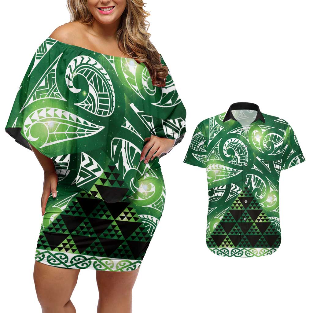Matariki New Zealand Couples Matching Off Shoulder Short Dress and Hawaiian Shirt NZ Niho Taniwha Maori New Year Green Galaxy LT14 Green - Polynesian Pride