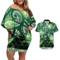Matariki New Zealand Couples Matching Off Shoulder Short Dress and Hawaiian Shirt NZ Niho Taniwha Maori New Year Green Galaxy LT14 Green - Polynesian Pride