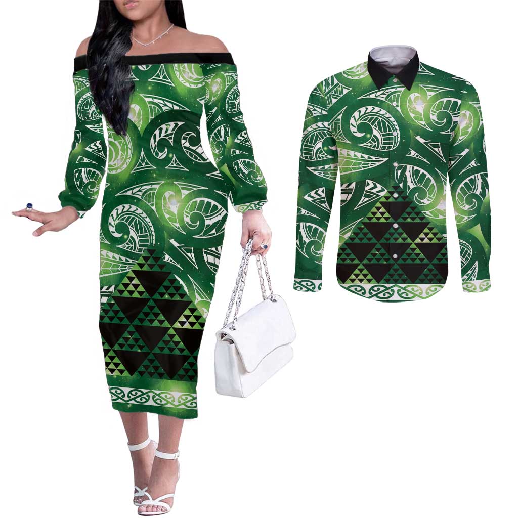 Matariki New Zealand Couples Matching Off The Shoulder Long Sleeve Dress and Long Sleeve Button Shirt NZ Niho Taniwha Maori New Year Green Galaxy LT14 Green - Polynesian Pride