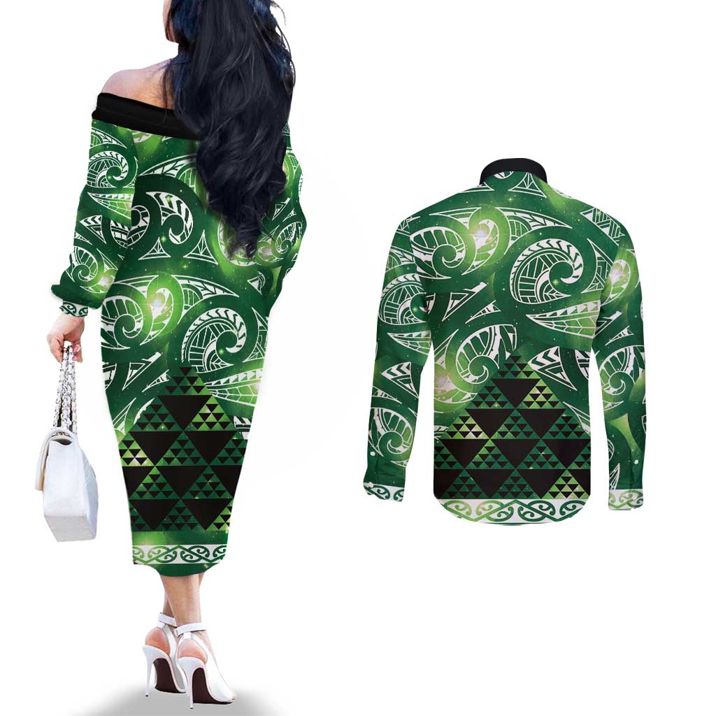 Matariki New Zealand Couples Matching Off The Shoulder Long Sleeve Dress and Long Sleeve Button Shirt NZ Niho Taniwha Maori New Year Green Galaxy LT14 - Polynesian Pride