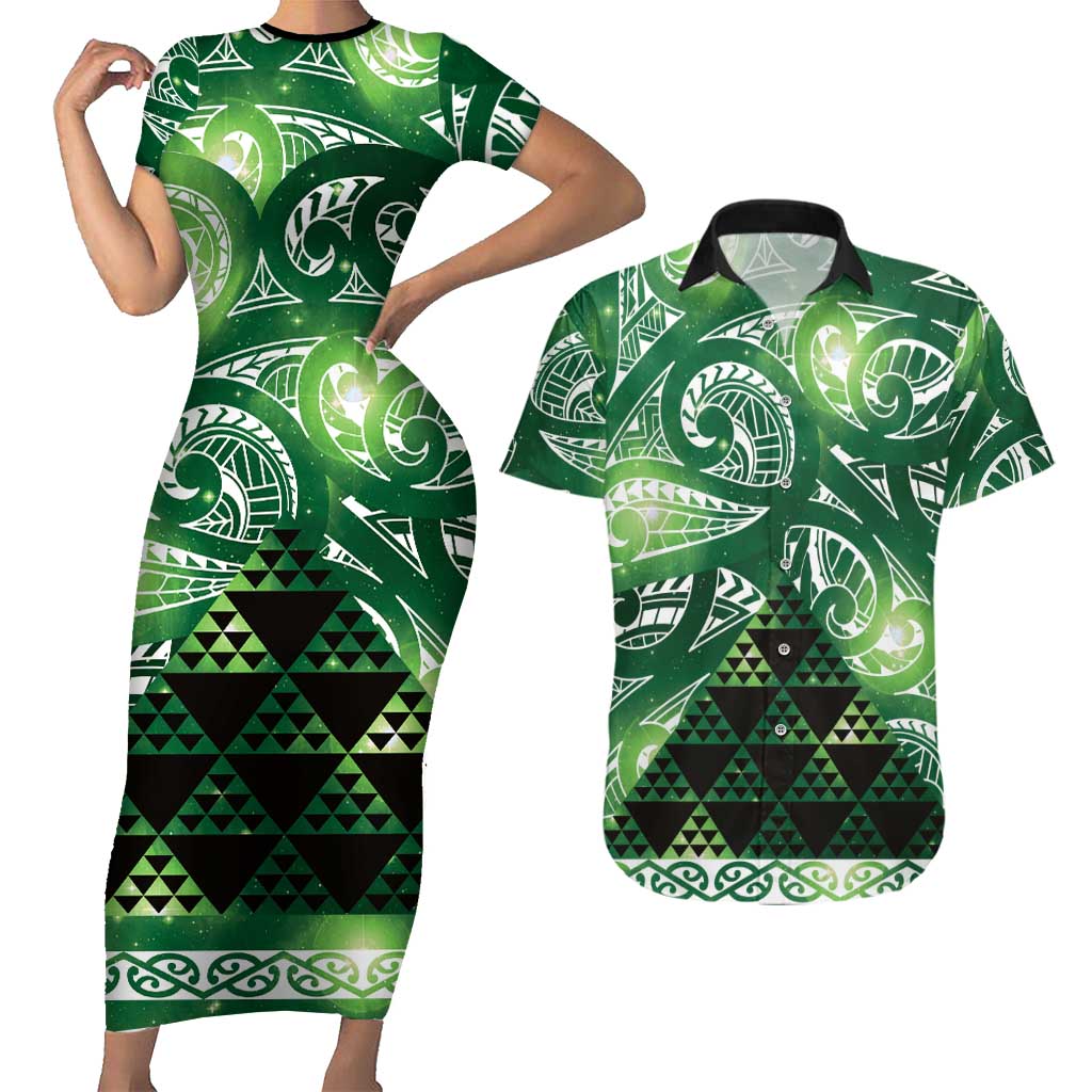 Matariki New Zealand Couples Matching Short Sleeve Bodycon Dress and Hawaiian Shirt NZ Niho Taniwha Maori New Year Green Galaxy LT14 Green - Polynesian Pride