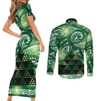 Matariki New Zealand Couples Matching Short Sleeve Bodycon Dress and Long Sleeve Button Shirt NZ Niho Taniwha Maori New Year Green Galaxy LT14 - Polynesian Pride