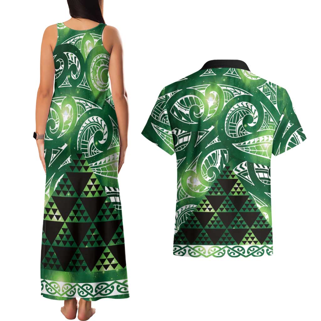 Matariki New Zealand Couples Matching Tank Maxi Dress and Hawaiian Shirt NZ Niho Taniwha Maori New Year Green Galaxy LT14 - Polynesian Pride