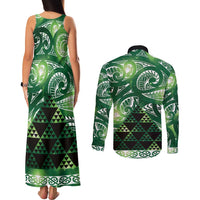 Matariki New Zealand Couples Matching Tank Maxi Dress and Long Sleeve Button Shirt NZ Niho Taniwha Maori New Year Green Galaxy LT14 - Polynesian Pride