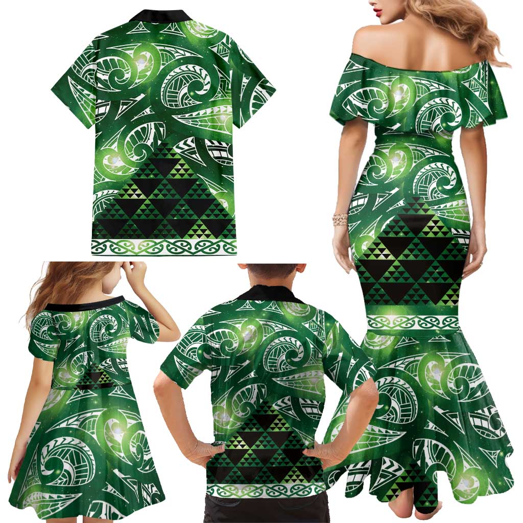 Matariki New Zealand Family Matching Mermaid Dress and Hawaiian Shirt NZ Niho Taniwha Maori New Year Green Galaxy LT14 - Polynesian Pride