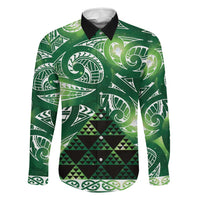 Matariki New Zealand Family Matching Off Shoulder Maxi Dress and Hawaiian Shirt NZ Niho Taniwha Maori New Year Green Galaxy LT14 Dad's Shirt - Long Sleeve Green - Polynesian Pride