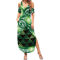 Matariki New Zealand Family Matching Summer Maxi Dress and Hawaiian Shirt NZ Niho Taniwha Maori New Year Green Galaxy LT14 Mom's Dress Green - Polynesian Pride