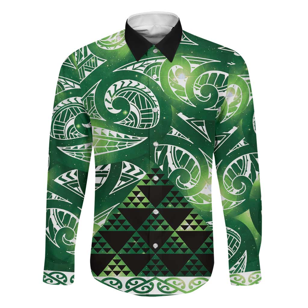 Matariki New Zealand Family Matching Tank Maxi Dress and Hawaiian Shirt NZ Niho Taniwha Maori New Year Green Galaxy LT14 Dad's Shirt - Long Sleeve Green - Polynesian Pride